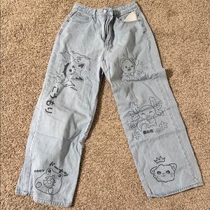 ROMWE Light Blue Jeans with Cute Graphics